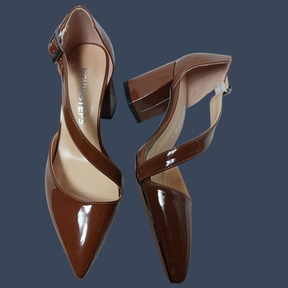 Movinsteps Womens Patent Leather Block Mid Heel Strap Pumps Brown Size 5 - Picture 3 of 14